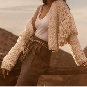 Anthropologie chunky fringe sleeve cream cardigan sweater Sz M/L